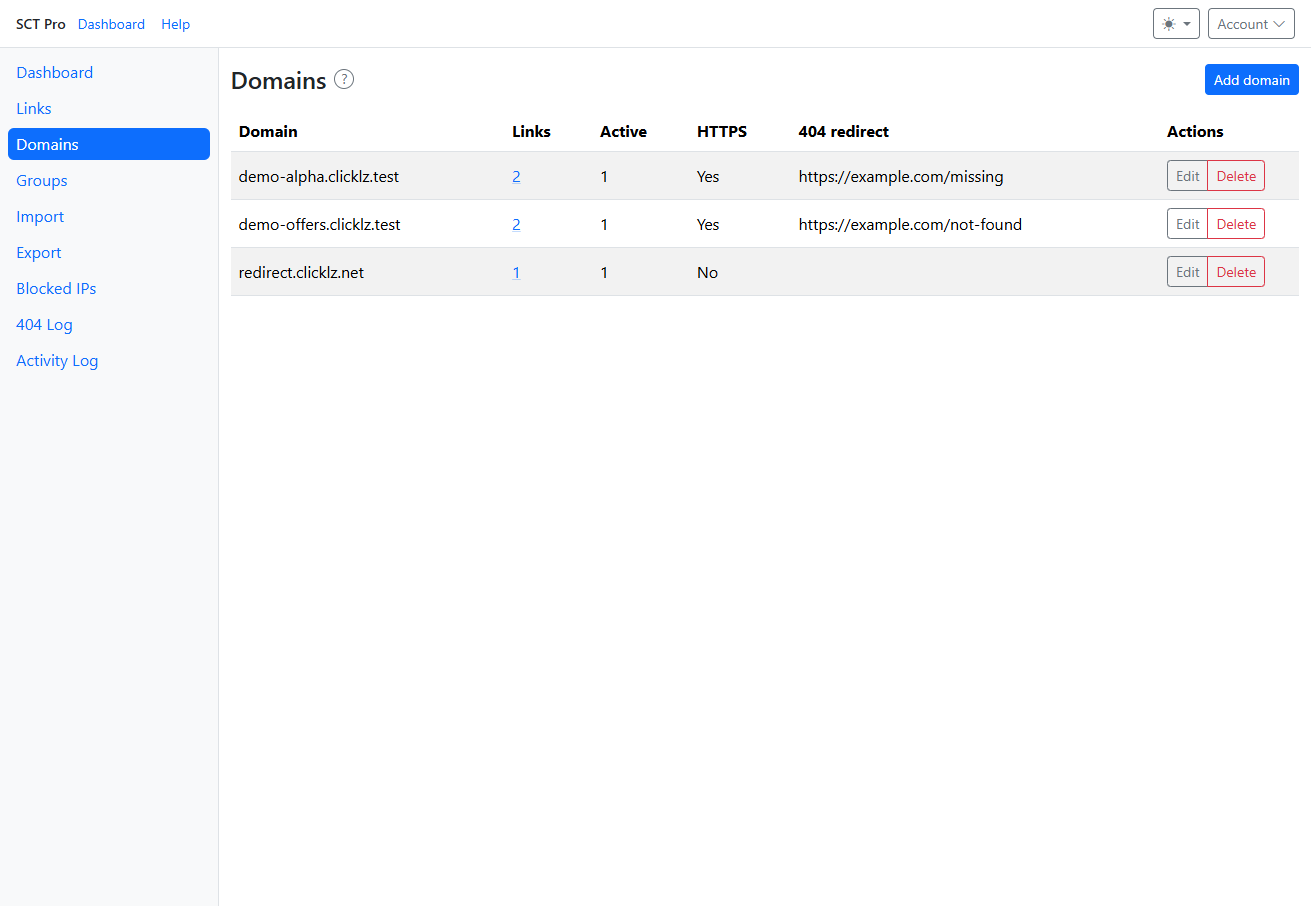 Domains list with columns for domain, links, active, HTTPS, 404 redirect and actions