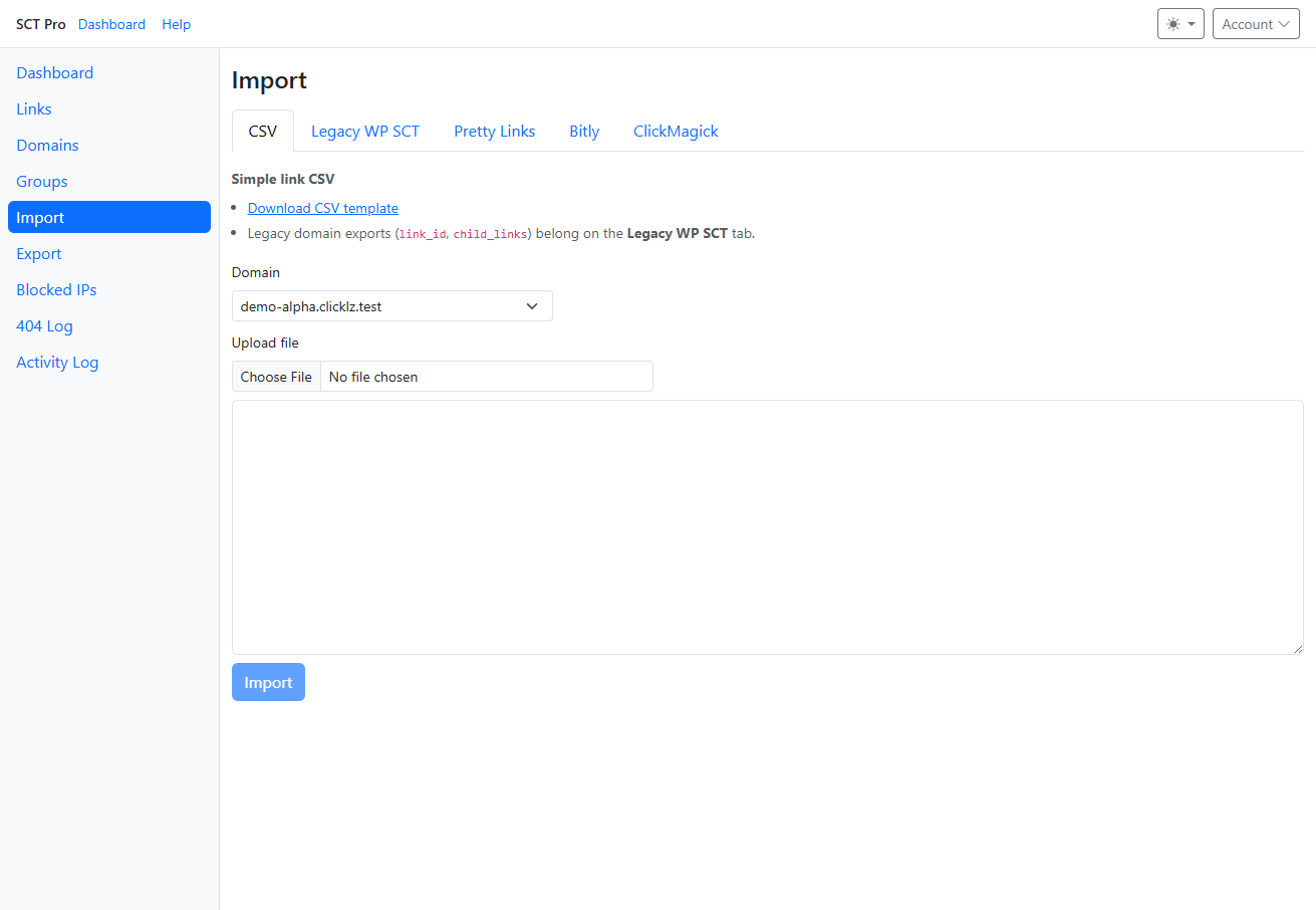 Import page showing CSV, Legacy WP SCT, Pretty Links, Bitly and ClickMagick tabs