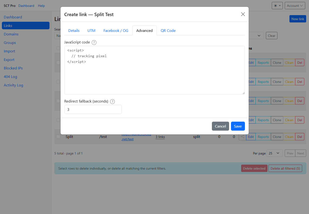 Advanced tab with JavaScript code box and redirect fallback seconds