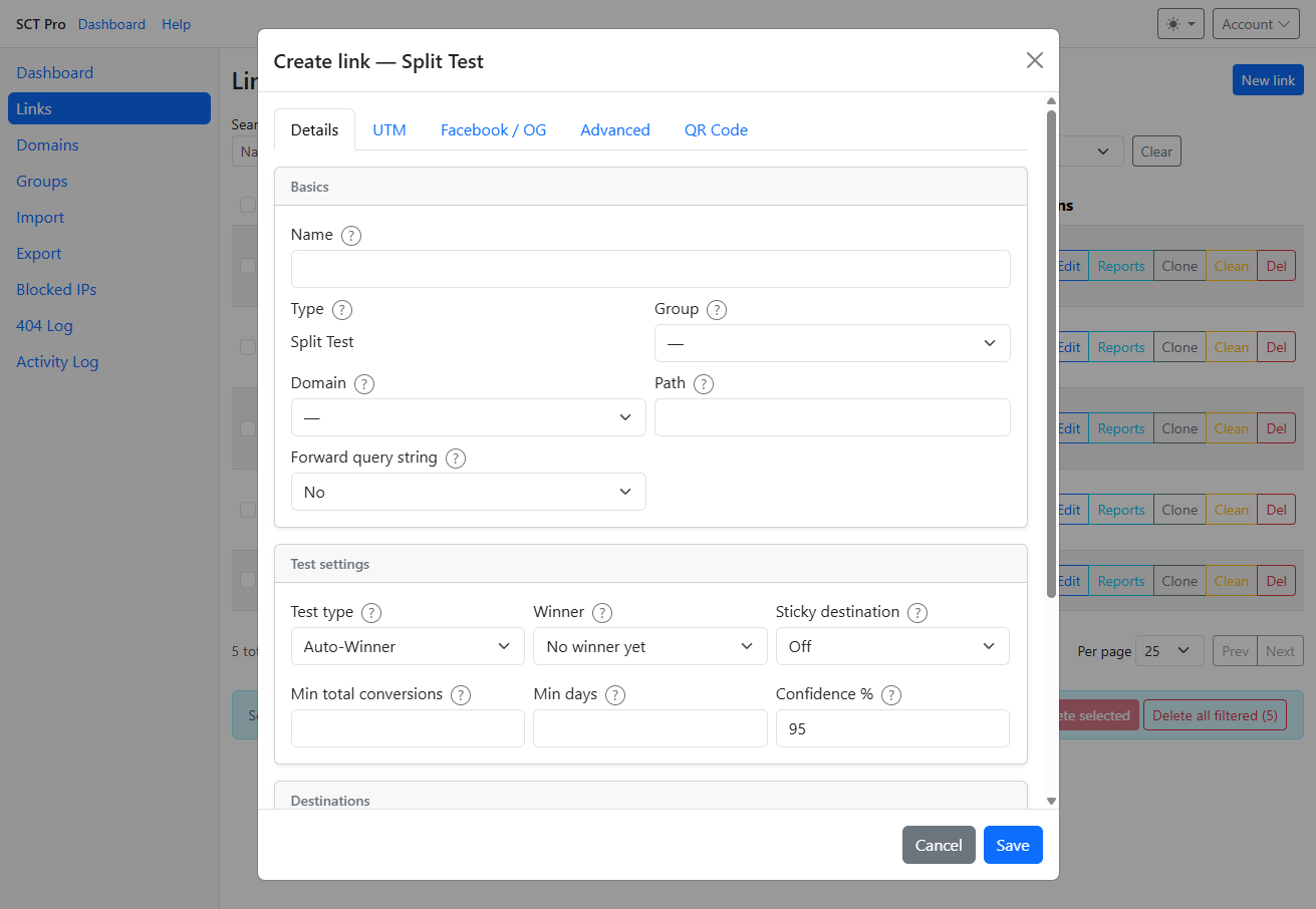 Create link box showing Basics fields and Test settings for a split test